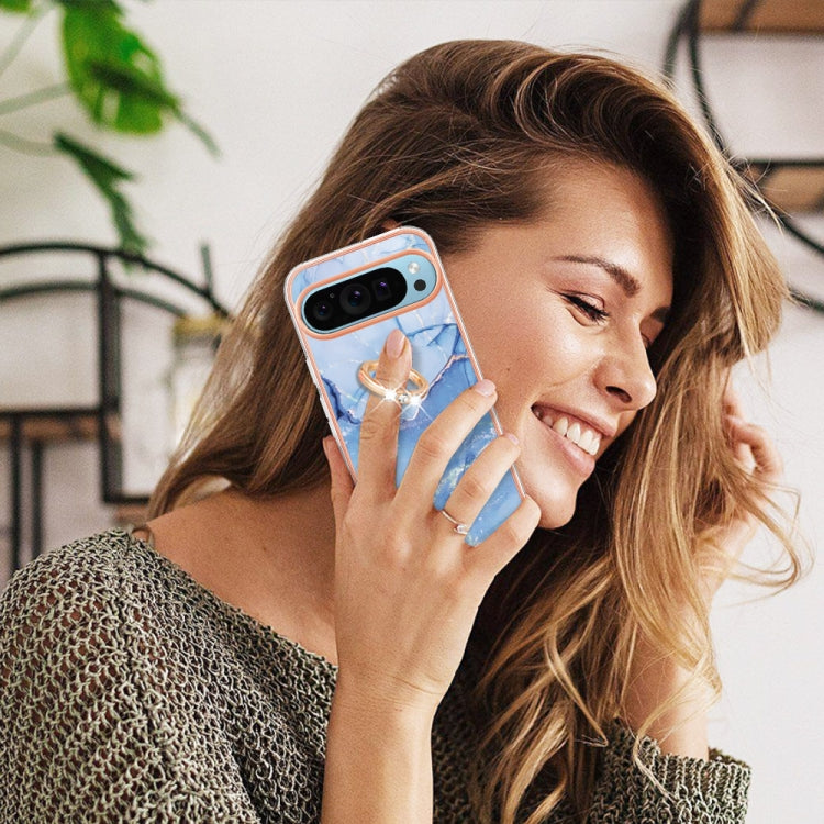 For Google Pixel 9 / 9 Pro Electroplating Marble Dual-side IMD Phone Case with Ring(Blue 018) - Google Cases by PMC Jewellery | Online Shopping South Africa | PMC Jewellery | Buy Now Pay Later Mobicred