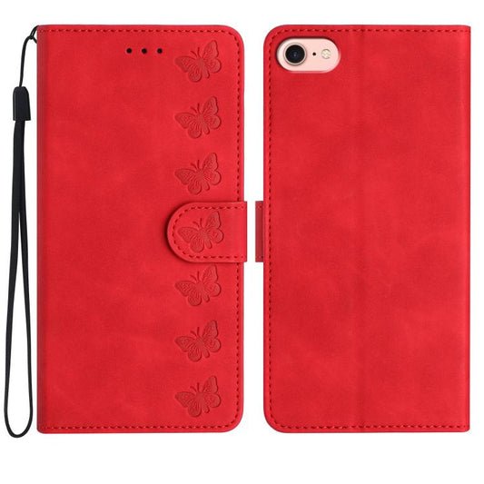 For iPhone 16e Seven Butterflies Embossed Leather Phone Case(Red) - iPhone 16e Cases by PMC Jewellery | Online Shopping South Africa | PMC Jewellery | Buy Now Pay Later Mobicred