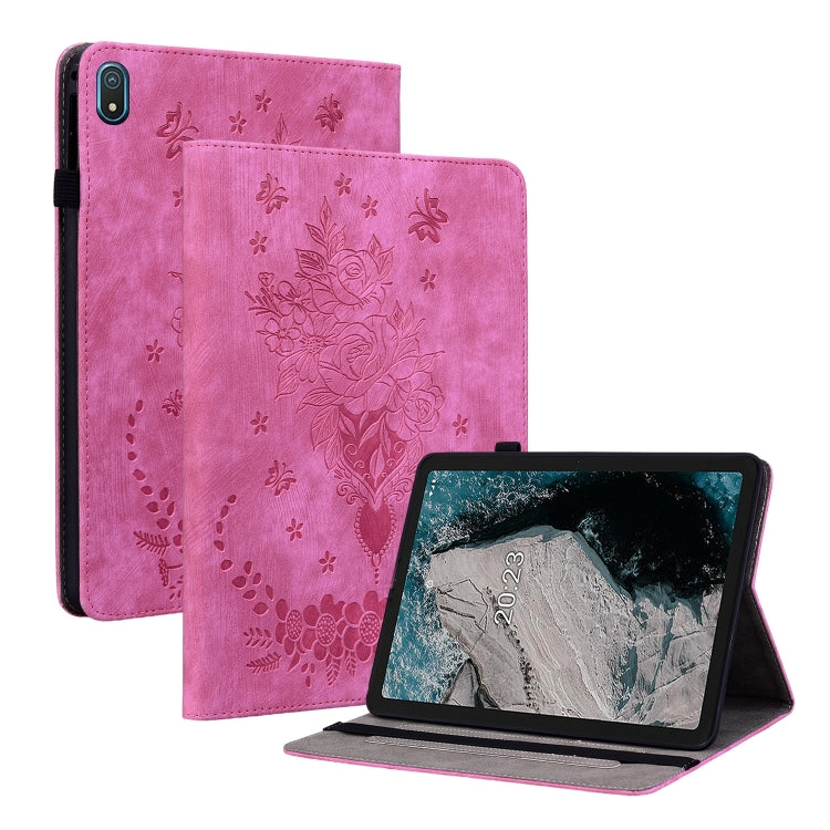 For Nokia T20 10.4 2021 Butterfly Rose Embossed Leather Tablet Case(Rose Red) - Honor Cases by PMC TechLife | Online Shopping South Africa | PMC TechLife | Buy Now Pay Later Mobicred