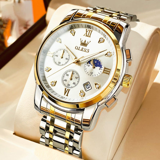 OLEVS 2858 Men Multifunctional Business Waterproof Quartz Watch(White + Gold) - Metal Strap Watches by OLEVS | Online Shopping South Africa | PMC Jewellery | Buy Now Pay Later Mobicred