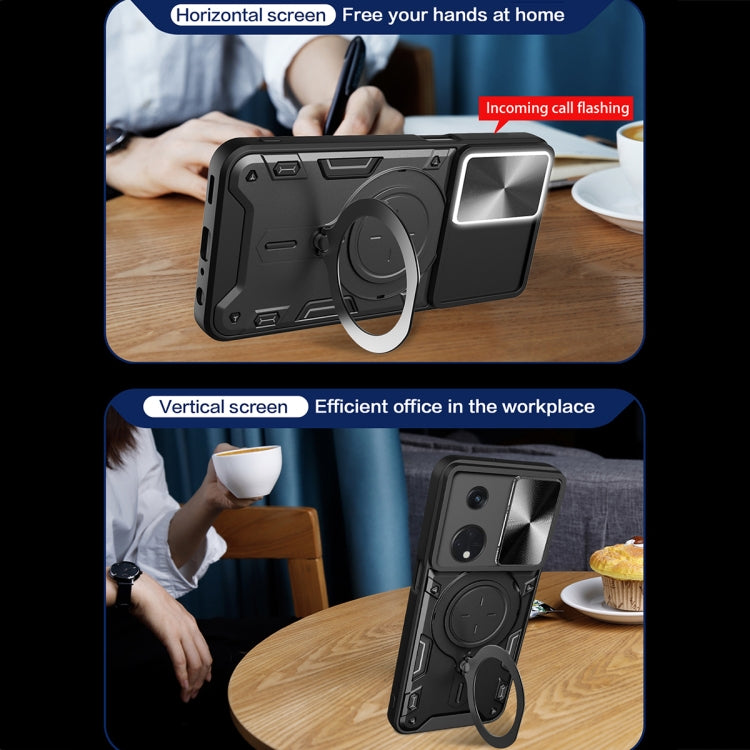 For OPPO Reno8 T 5G CD Texture Sliding Camshield Magnetic Holder Phone Case(Silver) - OPPO Cases by PMC TechLife | Online Shopping South Africa | PMC TechLife | Buy Now Pay Later Mobicred