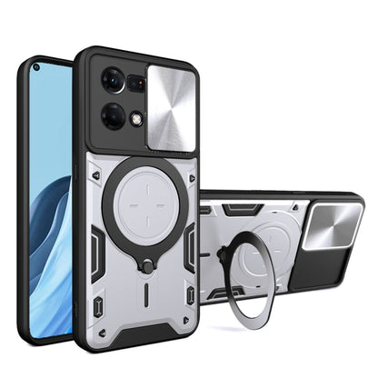 For OPPO Reno7 4G / F21 Pro 4G CD Texture Sliding Camshield Magnetic Holder Phone Case(Silver) - OPPO Cases by PMC Jewellery | Online Shopping South Africa | PMC Jewellery | Buy Now Pay Later Mobicred