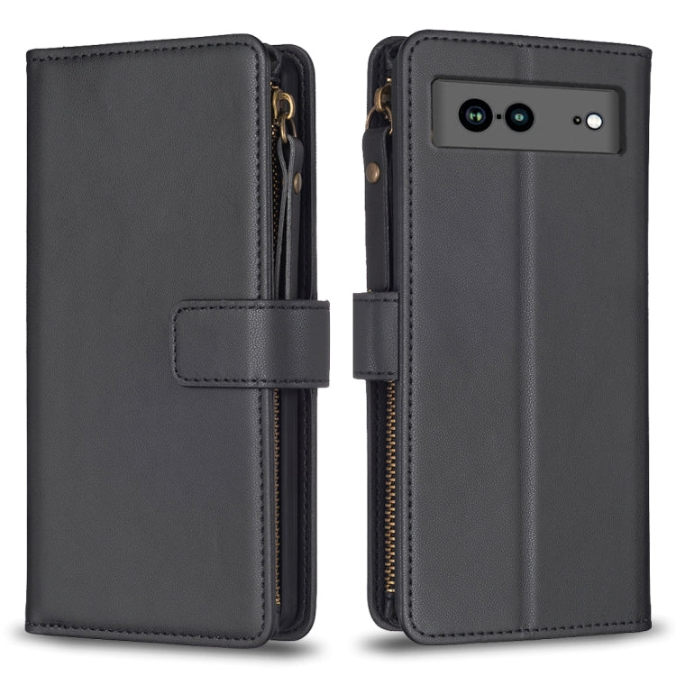 For Google Pixel 7a 9 Card Slots Zipper Wallet Leather Flip Phone Case(Black) - Google Cases by PMC Jewellery | Online Shopping South Africa | PMC Jewellery | Buy Now Pay Later Mobicred