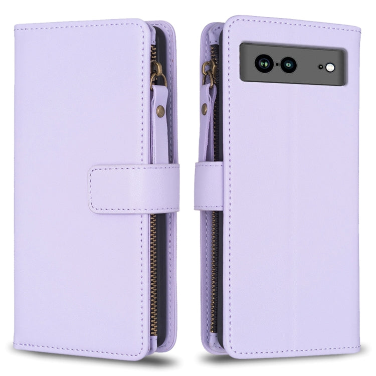 For Google Pixel 7a 9 Card Slots Zipper Wallet Leather Flip Phone Case(Light Purple) - Google Cases by PMC Jewellery | Online Shopping South Africa | PMC Jewellery | Buy Now Pay Later Mobicred