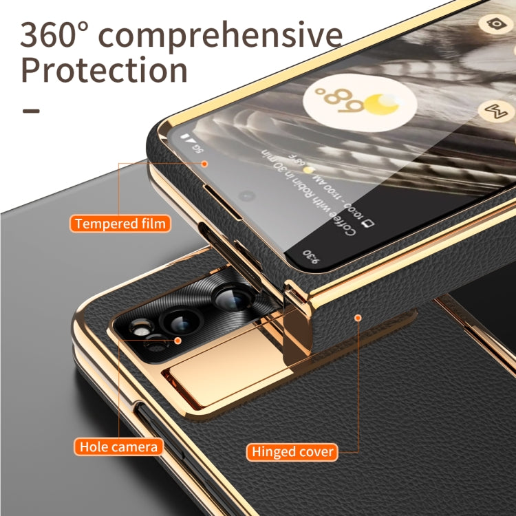For Google Pixel Fold Litchi Pattern Electroplating Folding Phone Case with Hinge(Black) - Google Cases by PMC TechLife | Online Shopping South Africa | PMC TechLife | Buy Now Pay Later Mobicred