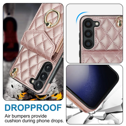 For Samsung Galaxy S24+ 5G Rhombic Texture Card Bag Phone Case with Long Lanyard(Rose Gold) - Galaxy S24+ 5G Cases by PMC Jewellery | Online Shopping South Africa | PMC Jewellery | Buy Now Pay Later Mobicred