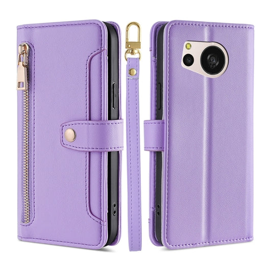 For Sharp Aquos sense8 Sheep Texture Cross-body Zipper Wallet Leather Phone Case(Purple) - More Brand by PMC Jewellery | Online Shopping South Africa | PMC Jewellery | Buy Now Pay Later Mobicred