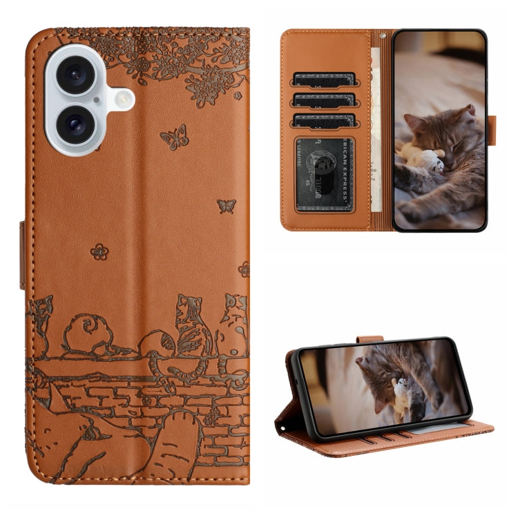 For iPhone 16 Plus Cat Embossing Pattern Leather Phone Case with Lanyard(Brown) - iPhone 16 Plus Cases by PMC TechLife | Online Shopping South Africa | PMC TechLife | Buy Now Pay Later Mobicred