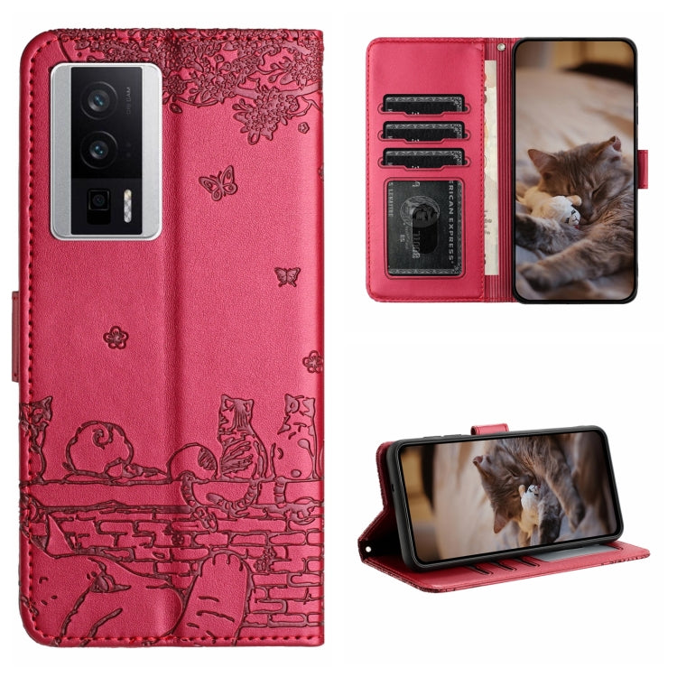 For Xiaomi Poco F5 Pro Cat Embossing Pattern Leather Phone Case with Lanyard(Red) - Xiaomi Cases by PMC TechLife | Online Shopping South Africa | PMC TechLife | Buy Now Pay Later Mobicred