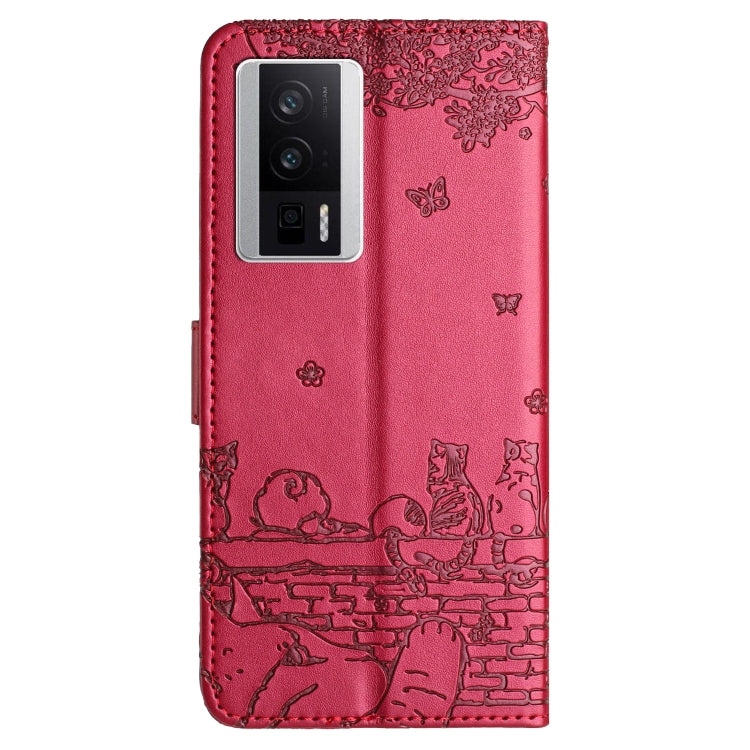 For Xiaomi Poco F5 Pro Cat Embossing Pattern Leather Phone Case with Lanyard(Red) - Xiaomi Cases by PMC TechLife | Online Shopping South Africa | PMC TechLife | Buy Now Pay Later Mobicred