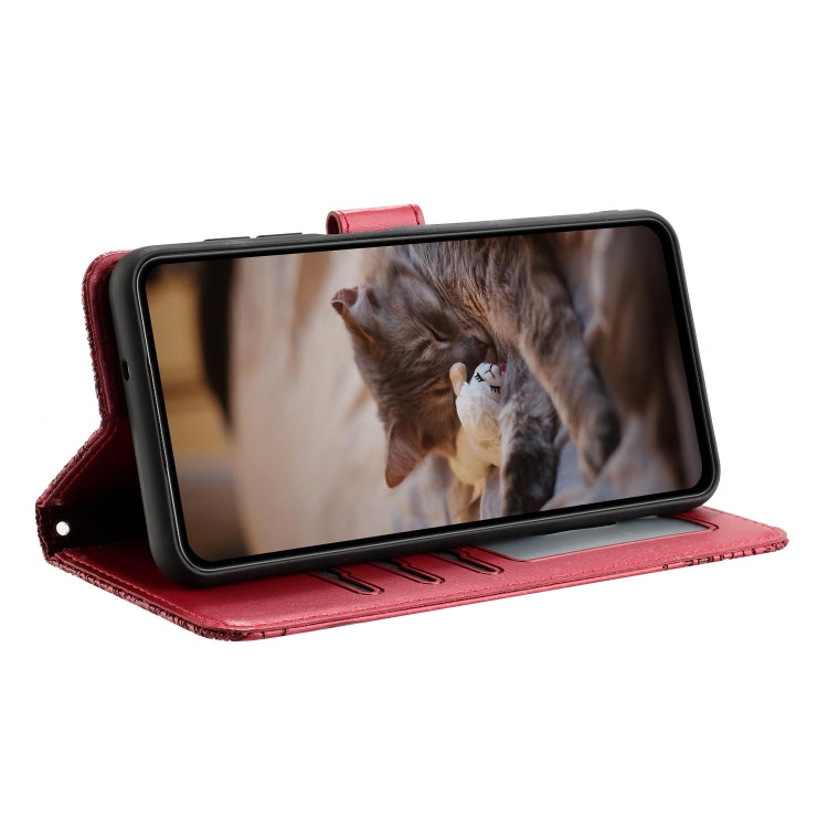 For Xiaomi Poco F5 Pro Cat Embossing Pattern Leather Phone Case with Lanyard(Red) - Xiaomi Cases by PMC TechLife | Online Shopping South Africa | PMC TechLife | Buy Now Pay Later Mobicred