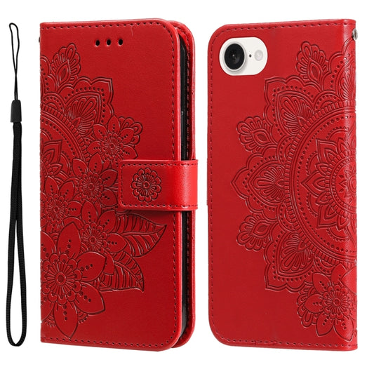 For iPhone 16e Seven-petal Flowers Embossing Leather Phone Case(Red) - iPhone 16e Cases by PMC Jewellery | Online Shopping South Africa | PMC Jewellery | Buy Now Pay Later Mobicred