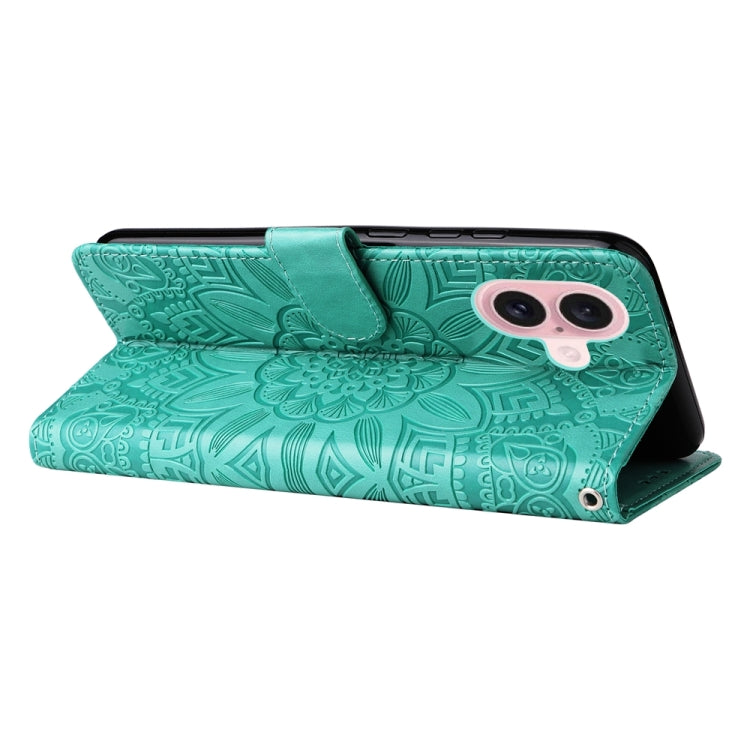 For iPhone 16 Embossed Sunflower Leather Phone Case(Green) - iPhone 16 Cases by PMC Jewellery | Online Shopping South Africa | PMC Jewellery | Buy Now Pay Later Mobicred