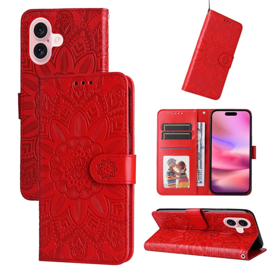 For iPhone 16 Embossed Sunflower Leather Phone Case(Red) - iPhone 16 Cases by PMC Jewellery | Online Shopping South Africa | PMC Jewellery | Buy Now Pay Later Mobicred