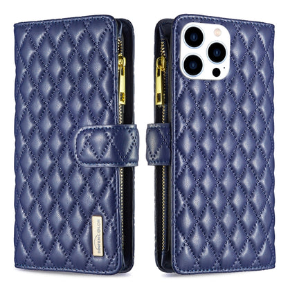 For iPhone 16 Pro Diamond Lattice Zipper Wallet Leather Flip Phone Case(Blue) - iPhone 16 Pro Cases by PMC Jewellery | Online Shopping South Africa | PMC Jewellery | Buy Now Pay Later Mobicred