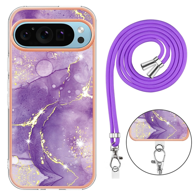 For Google Pixel 9 / 9 Pro Electroplating Marble Dual-side IMD Phone Case with Lanyard(Purple 002) - Google Cases by PMC Jewellery | Online Shopping South Africa | PMC Jewellery | Buy Now Pay Later Mobicred