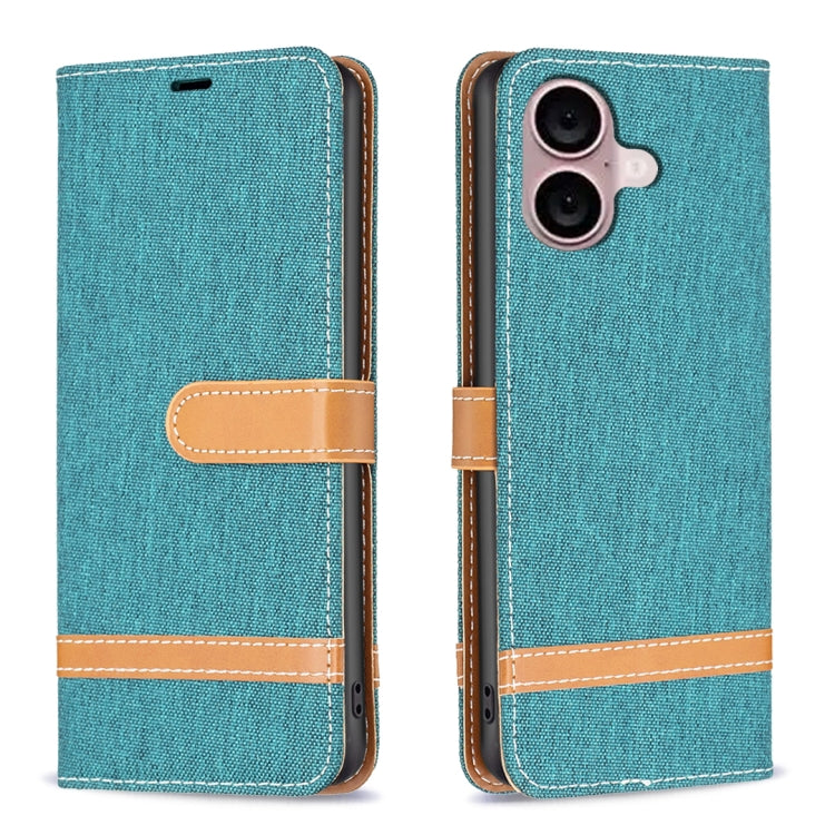For iPhone 16 Plus Color Block Denim Texture Leather Phone Case(Green) - iPhone 16 Plus Cases by PMC TechLife | Online Shopping South Africa | PMC TechLife | Buy Now Pay Later Mobicred