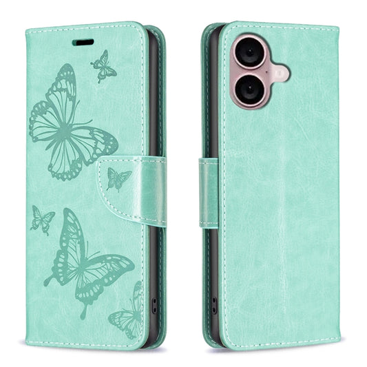 For iPhone 16 Embossing Two Butterflies Pattern Leather Phone Case(Green) - iPhone 16 Cases by PMC Jewellery | Online Shopping South Africa | PMC Jewellery | Buy Now Pay Later Mobicred