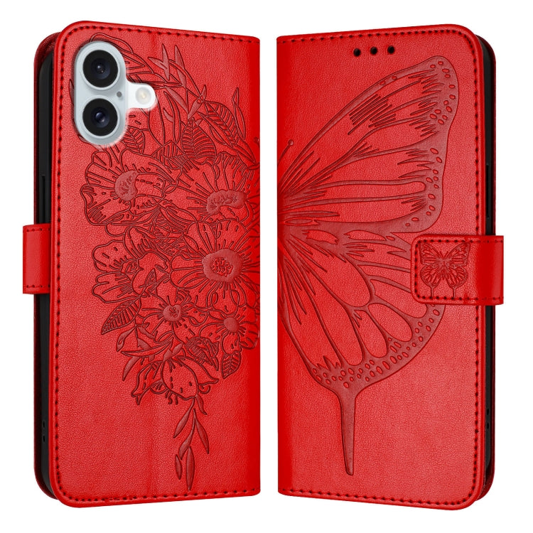 For iPhone 16 Plus Embossed Butterfly Leather Phone Case(Red) - iPhone 16 Plus Cases by PMC Jewellery | Online Shopping South Africa | PMC Jewellery | Buy Now Pay Later Mobicred