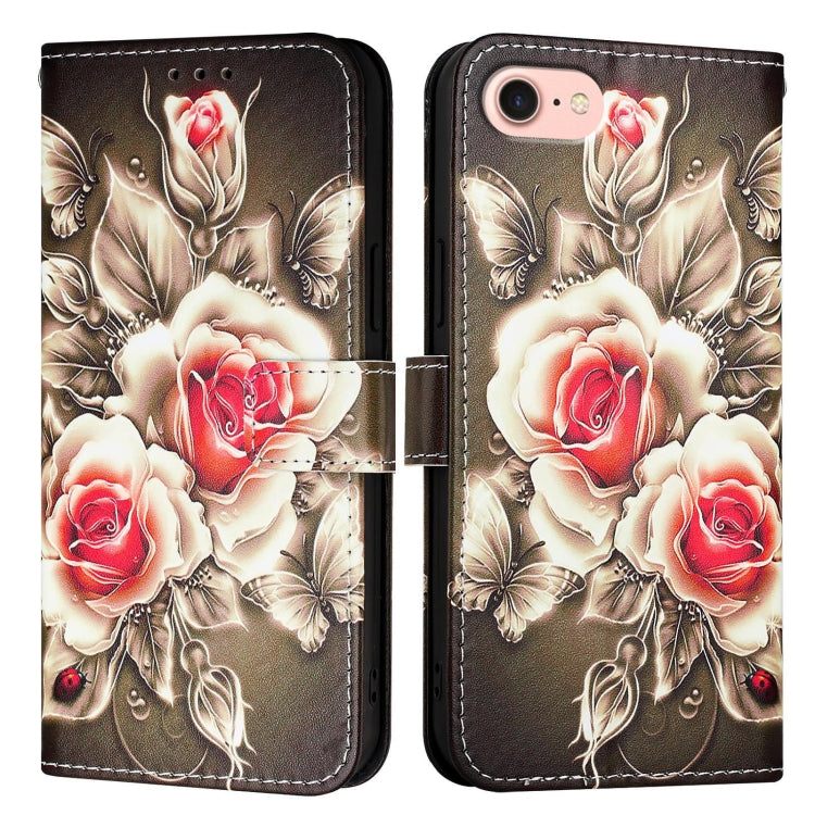 For iPhone SE 2024 Colored Drawing Pattern Plain Weave Leather Phone Case(Roses On Black) - More iPhone Cases by PMC Jewellery | Online Shopping South Africa | PMC Jewellery | Buy Now Pay Later Mobicred