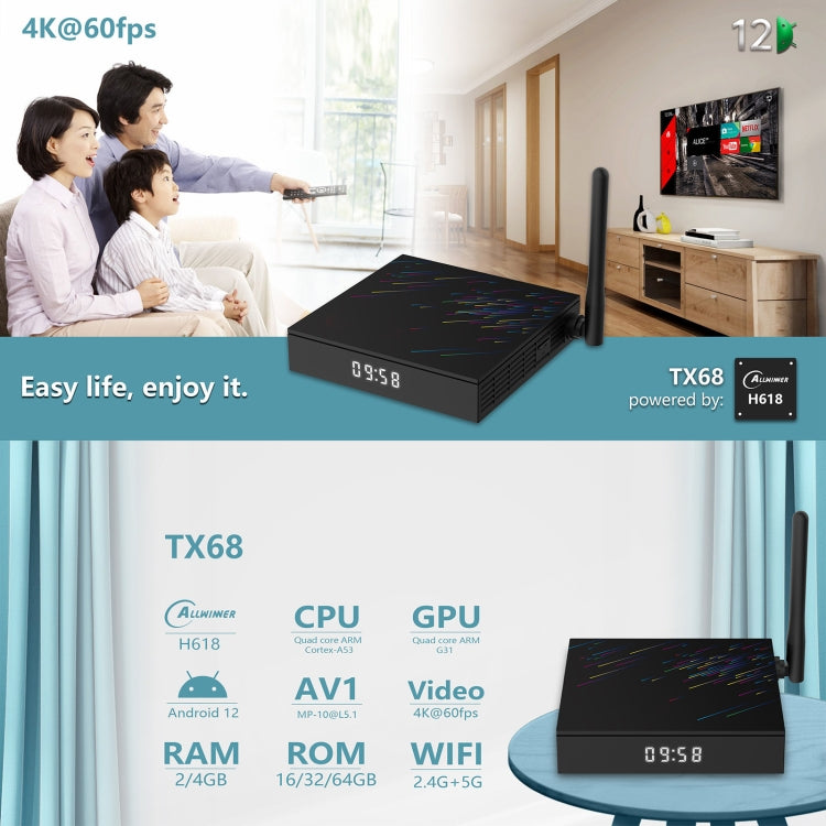 H618-TX68 Android 12.0 Allwinner H618 Quad Core Smart TV Box, Memory:2GB+16GB(EU Plug) - Allwinner H6 by PMC Jewellery | Online Shopping South Africa | PMC Jewellery | Buy Now Pay Later Mobicred