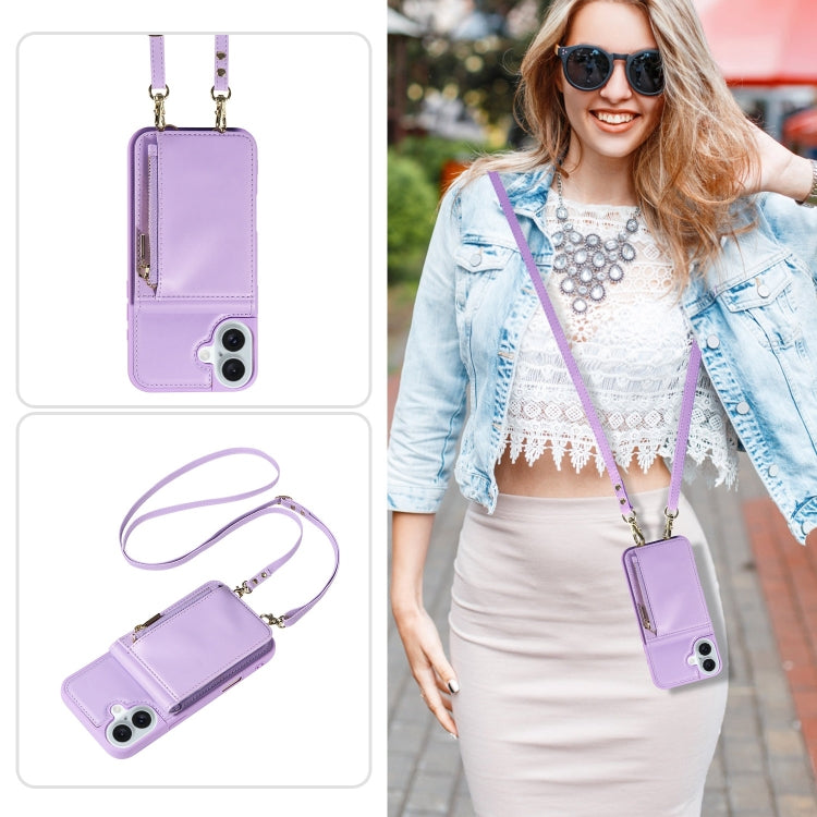 For iPhone 16 Plus Crossbody Lanyard Zipper Wallet Leather Phone Case(Purple) - iPhone 16 Plus Cases by PMC Jewellery | Online Shopping South Africa | PMC Jewellery | Buy Now Pay Later Mobicred