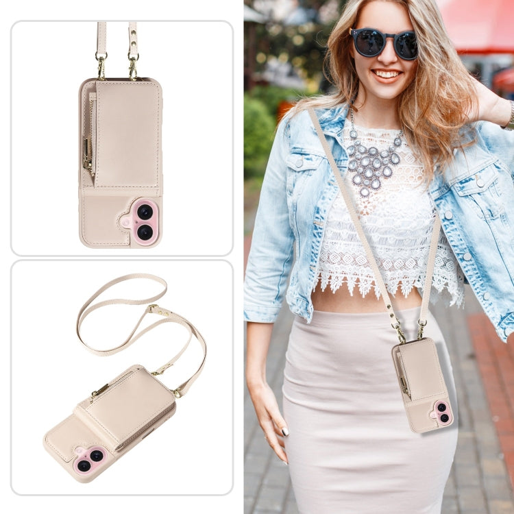 For iPhone 16 Crossbody Lanyard Zipper Wallet Leather Phone Case(Beige) - iPhone 16 Cases by PMC Jewellery | Online Shopping South Africa | PMC Jewellery | Buy Now Pay Later Mobicred