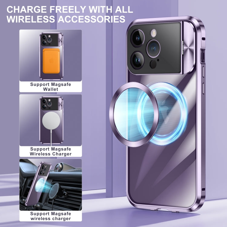 For iPhone 15 Pro Large Window Holder MagSafe Magnetic Metal Phone Case(Purple) - iPhone 15 Pro Cases by PMC Jewellery | Online Shopping South Africa | PMC Jewellery