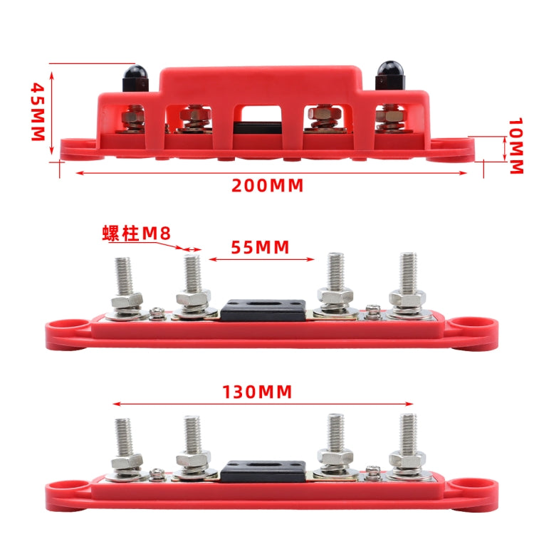 CP-4125 1 Pair RV Yacht M8 Single Row 4-way Power Distribution Block Busbar with Cover with 300A Fuse(Black + Red) - Booster Cable & Clip by PMC Jewellery | Online Shopping South Africa | PMC Jewellery | Buy Now Pay Later Mobicred