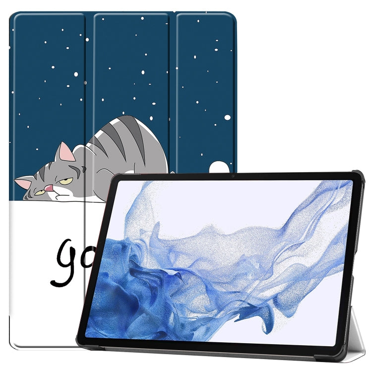 For Samsung Galaxy Tab S9 Custer Painted 3-Fold Holder Smart Leather Tablet Case(Lazy Cat) - Galaxy Tab S9 Cases by PMC Jewellery | Online Shopping South Africa | PMC Jewellery | Buy Now Pay Later Mobicred