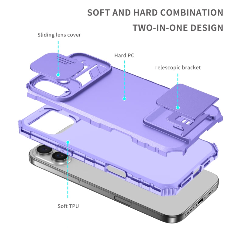 For iPhone 16 Stereoscopic Holder Sliding Camshield Phone Case(Purple) - free shipping - PMC TechLife - Order now!