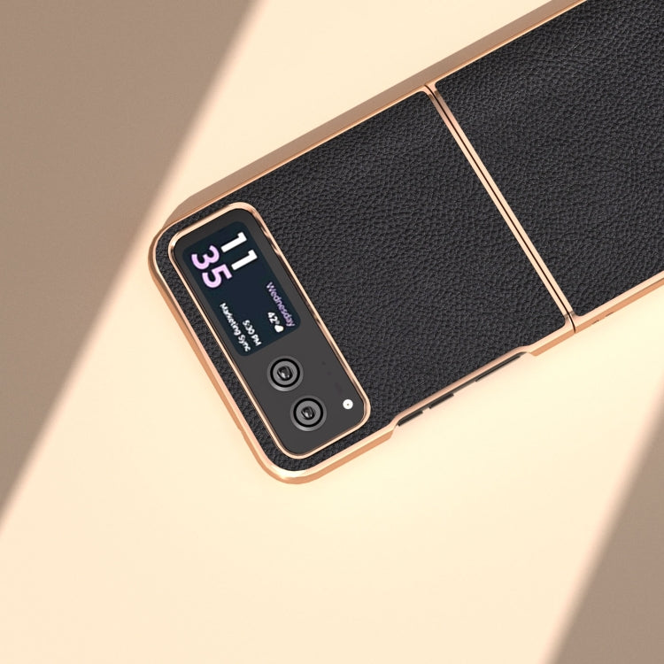 For Motorola Razr 40 Nano Electroplating Genuine Leather + PC Litchi Texture Phone Case(Black) - Motorola Cases by PMC TechLife | Online Shopping South Africa | PMC TechLife | Buy Now Pay Later Mobicred