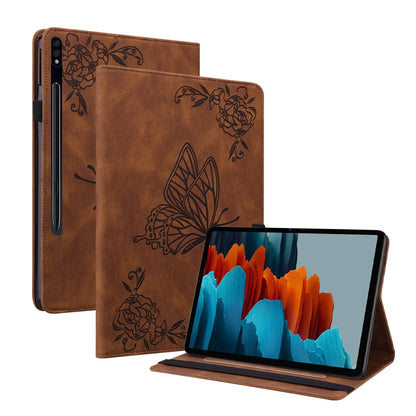 For Samsung Galaxy Tab S9 Butterfly Flower Embossed Leather Tablet Case(Brown) - Galaxy Tab S9 Cases by PMC Jewellery | Online Shopping South Africa | PMC Jewellery | Buy Now Pay Later Mobicred