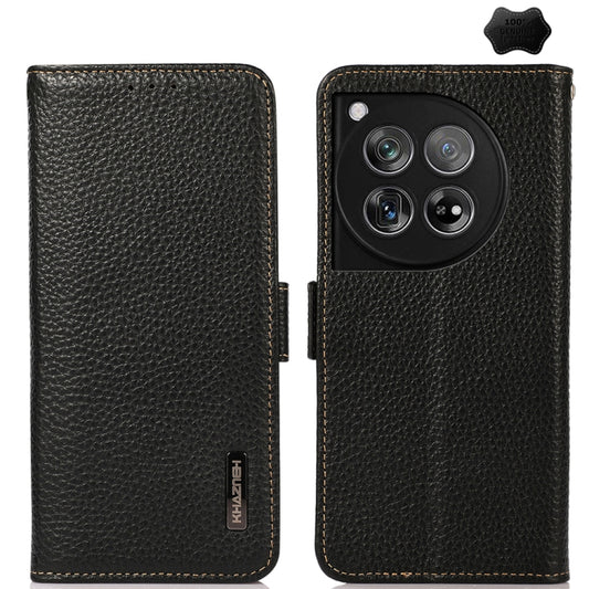 For OnePlus 12 KHAZNEH Side-Magnetic Litchi Genuine Leather RFID Phone Case(Black) - OnePlus Cases by PMC Jewellery | Online Shopping South Africa | PMC Jewellery | Buy Now Pay Later Mobicred