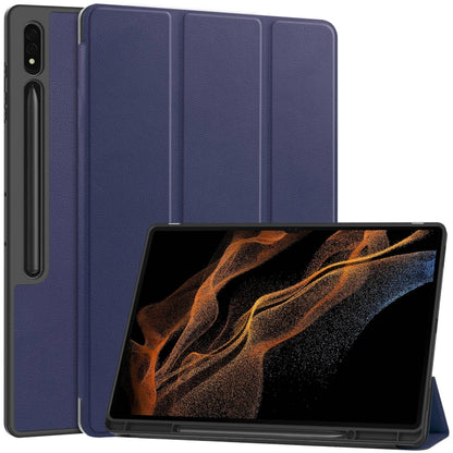 For Samsung Galaxy Tab S10 Ultra / S9 Ultra 3-Fold Pure Color TPU Smart Leather Tablet Case with Pen Slot(Dark Blue) - Galaxy Tab S9 Ultra Cases by PMC Jewellery | Online Shopping South Africa | PMC Jewellery | Buy Now Pay Later Mobicred