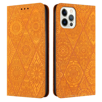 For iPhone 16 Pro Max Ethnic Embossed Adsorption Leather Phone Case(Yellow) - iPhone 16 Pro Max Cases by PMC Jewellery | Online Shopping South Africa | PMC Jewellery | Buy Now Pay Later Mobicred