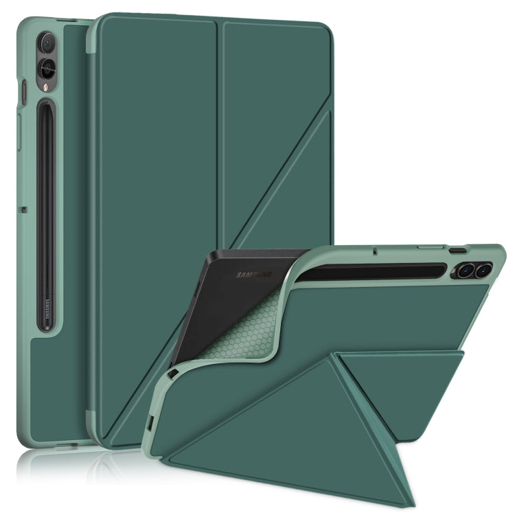 For Samsung Galaxy Tab S9 Cloth Texture Multi-folding Horizontal Flip Leather Tablet Case(Dark Green) - Galaxy Tab S9 Cases by PMC Jewellery | Online Shopping South Africa | PMC Jewellery | Buy Now Pay Later Mobicred