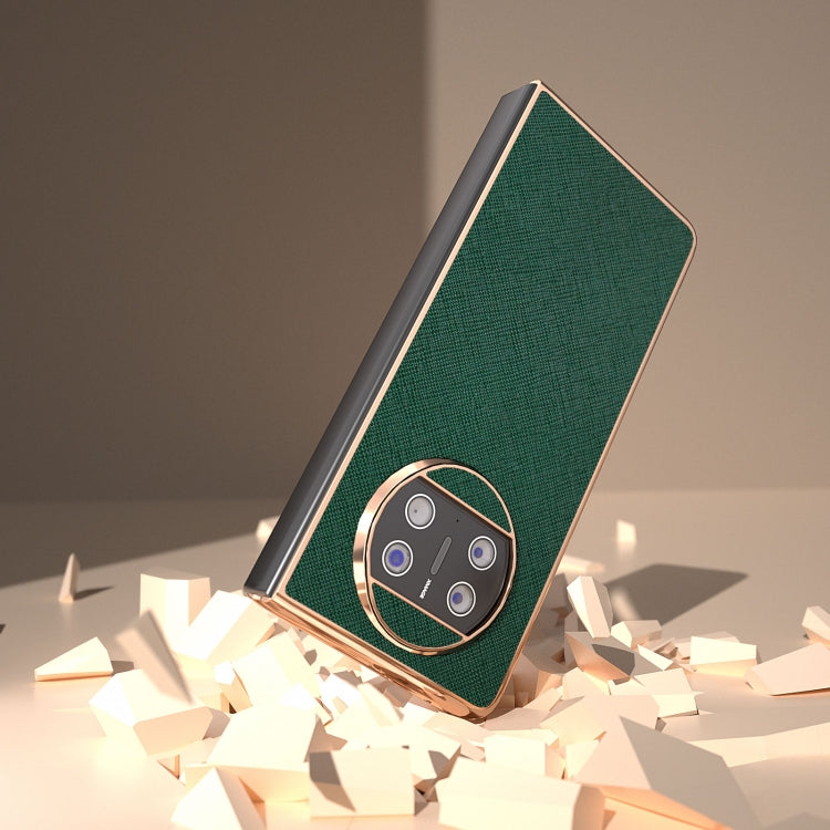 For Huawei Mate X3 Electroplating Cross Texture Genuine Leather Phone Case(Green) - Huawei Cases by PMC TechLife | Online Shopping South Africa | PMC TechLife | Buy Now Pay Later Mobicred