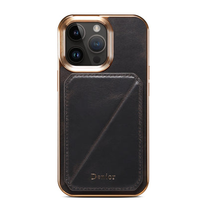 For iPhone 15 Pro Max Denior Oil Wax Leather Electroplating Card Slot Holder Phone Case(Black) - iPhone 15 Pro Max Cases by Denior | Online Shopping South Africa | PMC Jewellery | Buy Now Pay Later Mobicred