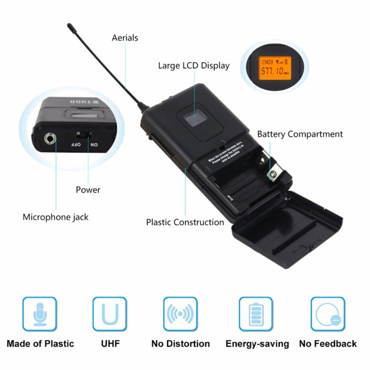 XTUGA A400-B Professional 4-Channel UHF Wireless Microphone System with 4 BodyPack Lavalier Headset Microphone(US Plug) - Microphone by XTUGA | Online Shopping South Africa | PMC Jewellery | Buy Now Pay Later Mobicred