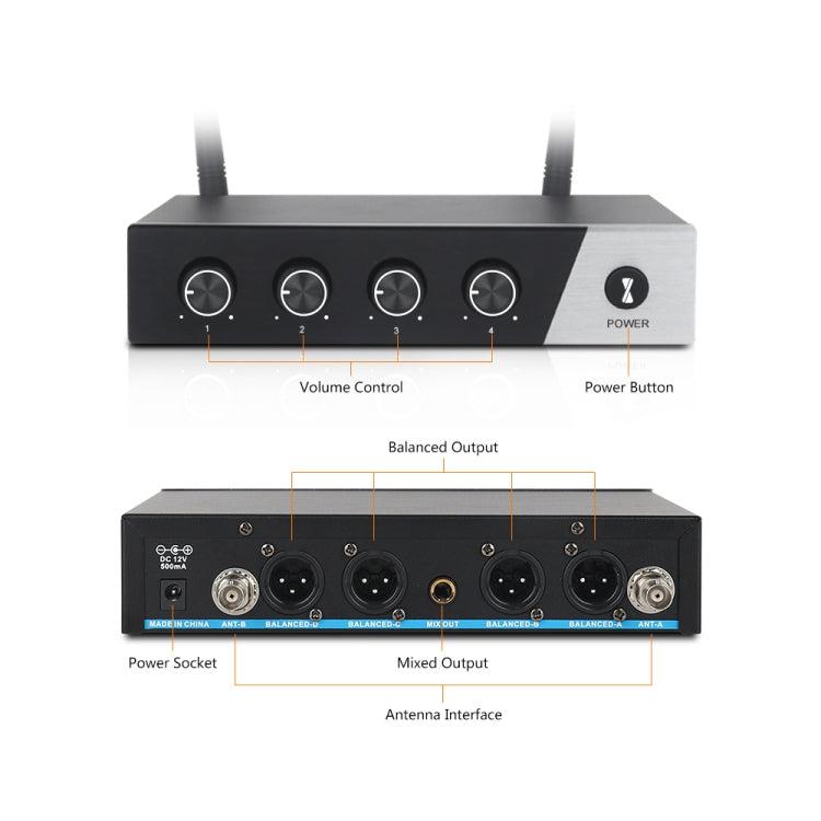 XTUGA S400 Professional 4-Channel UHF Wireless Microphone System with 4 Handheld Microphone(UK Plug) - Microphone by XTUGA | Online Shopping South Africa | PMC Jewellery | Buy Now Pay Later Mobicred