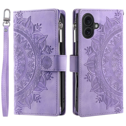 For iPhone 16 Plus Multi-Card Totem Zipper Leather Phone Case(Purple) - iPhone 16 Plus Cases by PMC Jewellery | Online Shopping South Africa | PMC Jewellery | Buy Now Pay Later Mobicred