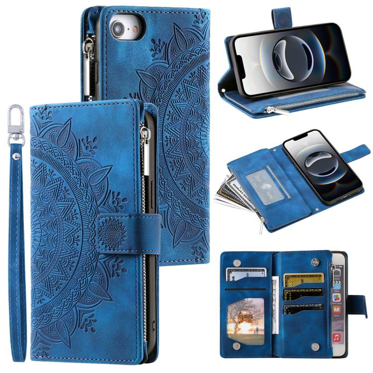For iPhone 16e Multi-Card Totem Zipper Leather Phone Case(Blue) - iPhone 16e Cases by PMC TechLife | Online Shopping South Africa | PMC TechLife | Buy Now Pay Later Mobicred