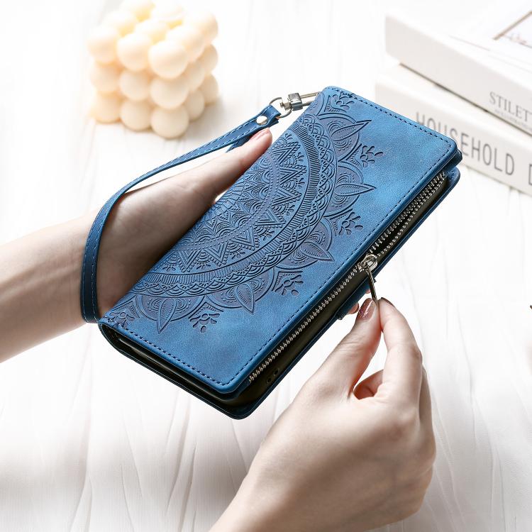 For iPhone 16e Multi-Card Totem Zipper Leather Phone Case(Blue) - iPhone 16e Cases by PMC TechLife | Online Shopping South Africa | PMC TechLife | Buy Now Pay Later Mobicred