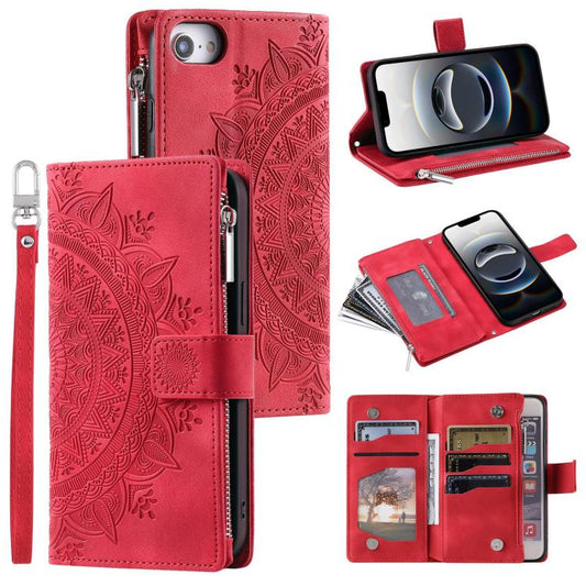 For iPhone 16e Multi-Card Totem Zipper Leather Phone Case(Red) - iPhone 16e Cases by PMC Jewellery | Online Shopping South Africa | PMC Jewellery | Buy Now Pay Later Mobicred