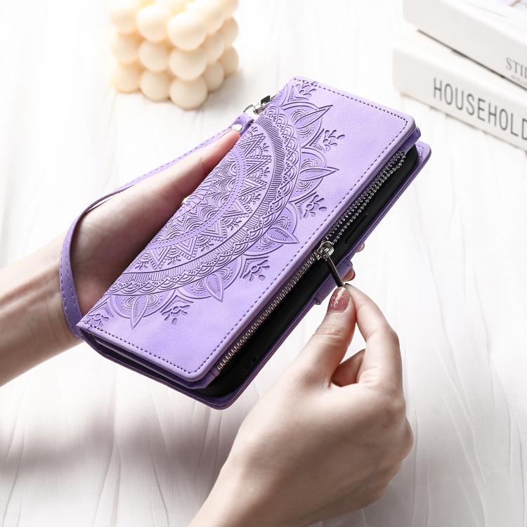 For iPhone 16e Multi-Card Totem Zipper Leather Phone Case(Purple) - iPhone 16e Cases by PMC TechLife | Online Shopping South Africa | PMC TechLife | Buy Now Pay Later Mobicred