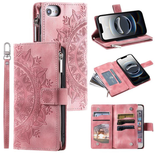 For iPhone 16e Multi-Card Totem Zipper Leather Phone Case(Pink) - iPhone 16e Cases by PMC Jewellery | Online Shopping South Africa | PMC Jewellery | Buy Now Pay Later Mobicred