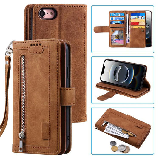 For iPhone 16e Nine Card Zipper Bag Leather Phone Case with Lanyard(Brown) - iPhone 16e Cases by PMC Jewellery | Online Shopping South Africa | PMC Jewellery | Buy Now Pay Later Mobicred