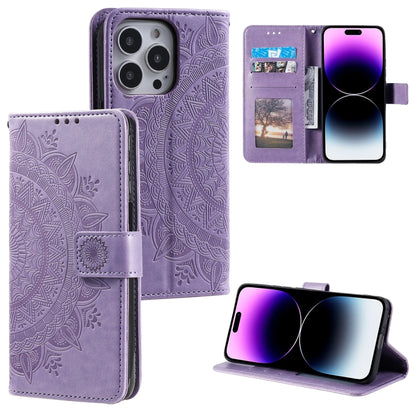 For iPhone 16 Pro Max Totem Flower Embossed Leather Phone Case(Purple) - iPhone 16 Pro Max Cases by PMC Jewellery | Online Shopping South Africa | PMC Jewellery | Buy Now Pay Later Mobicred