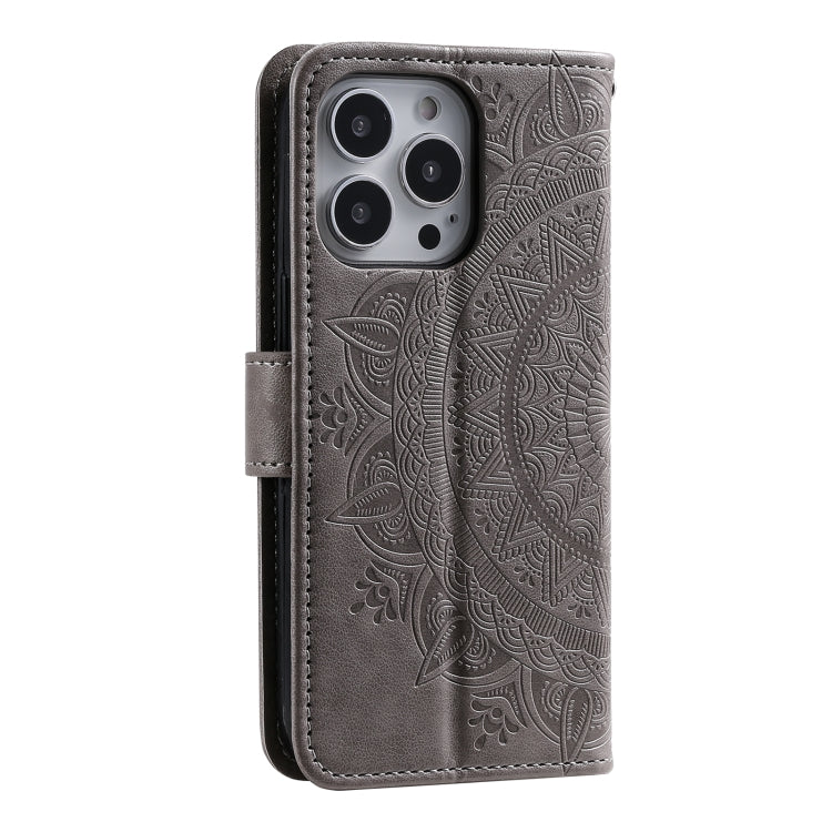 For iPhone 16 Pro Totem Flower Embossed Leather Phone Case(Grey) - iPhone 16 Pro Cases by PMC TechLife | Online Shopping South Africa | PMC TechLife | Buy Now Pay Later Mobicred